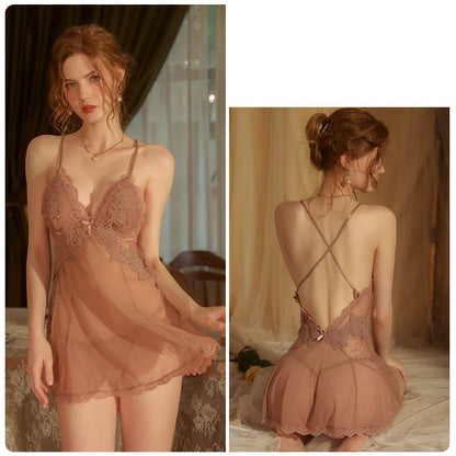Sheer Backless Camisole Nightdress – Embroidered Lace Lingerie Sleepwear