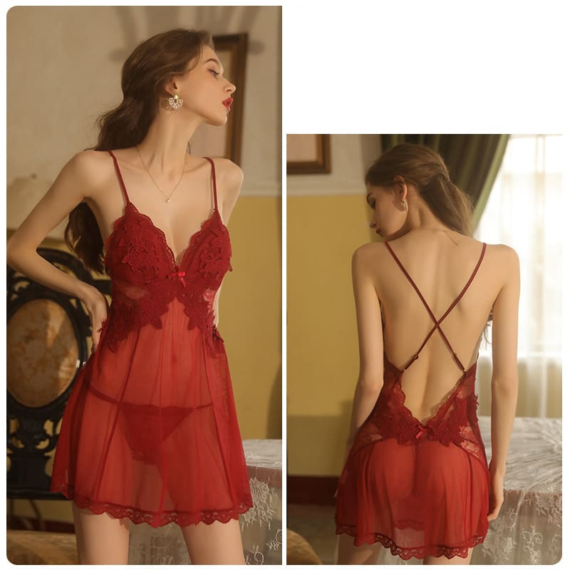 Sheer Backless Camisole Nightdress – Embroidered Lace Lingerie Sleepwear