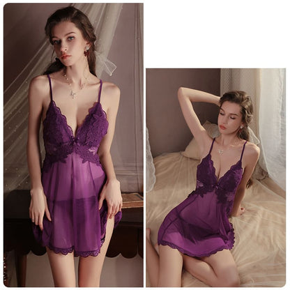 Sheer Backless Camisole Nightdress – Embroidered Lace Lingerie Sleepwear