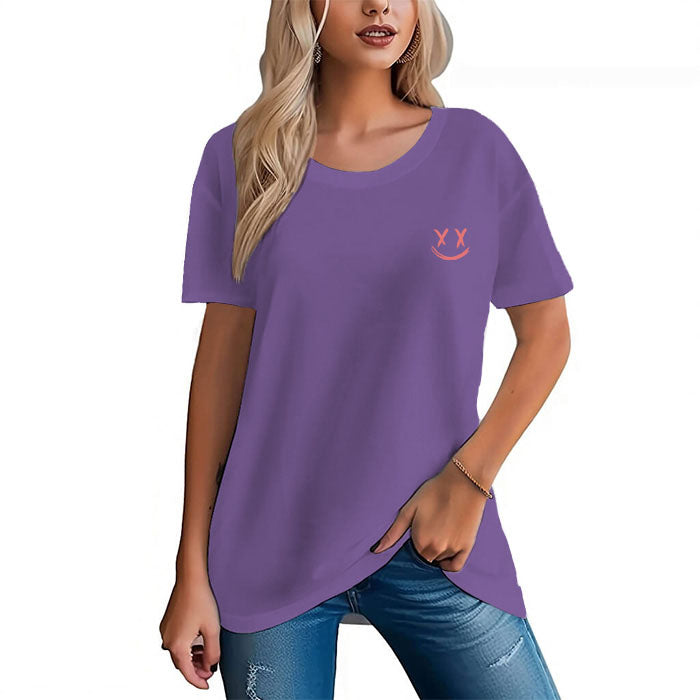 Women's 100% Cotton Comfortable Tee with Smile Print - AIGC-DTG