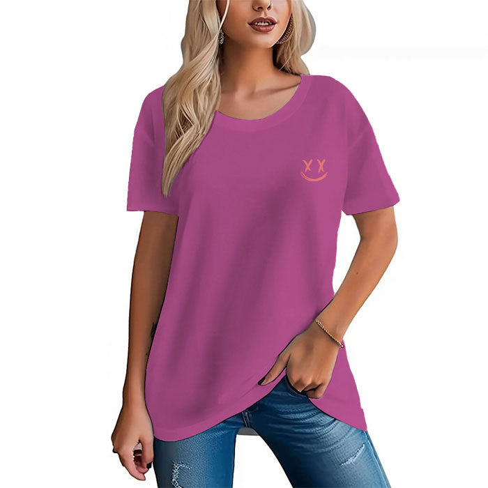 Women's 100% Cotton Comfortable Tee with Smile Print - AIGC-DTG