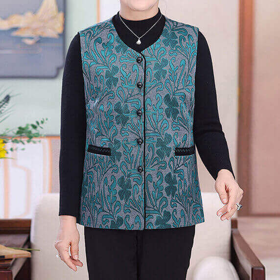 Chic Embroidered Vest for Seniors with Button-up Front and Pockets - AIGC-DTG