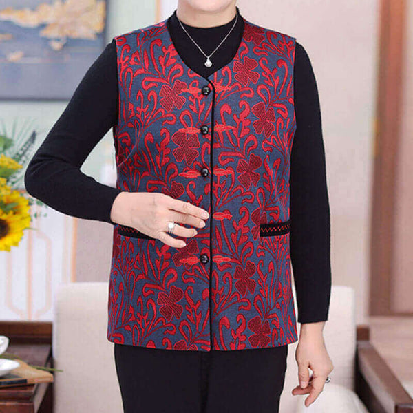 Chic Embroidered Vest for Seniors with Button-up Front and Pockets - AIGC-DTG