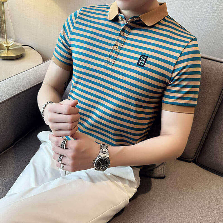 Men's Summer Stripe Polo Short Sleeve T-shirt - AIGC-DTG