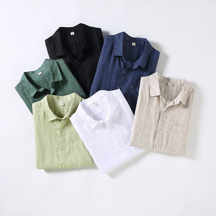 Men's 100% Linen Collar Shirt Short Sleeve Breathable Casual Top with Pocket - AIGC-DTG
