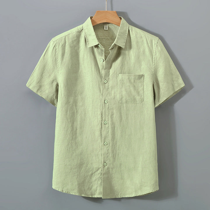 Men's 100% Linen Collar Shirt Short Sleeve Breathable Casual Top with Pocket - AIGC-DTG