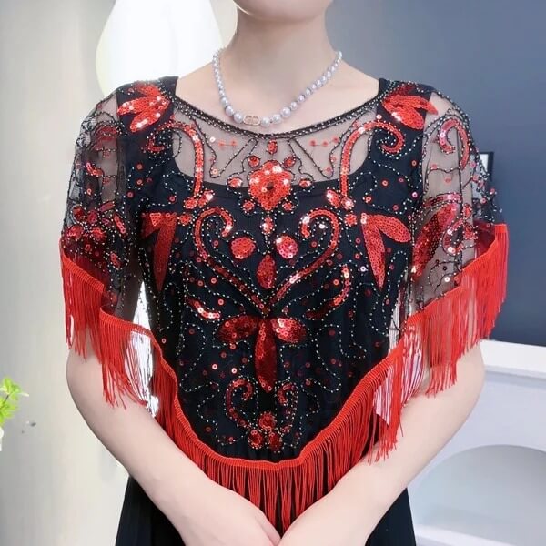 Women's Sequin Decor Fringe Hem Fashionable Shawl - AIGC-DTG