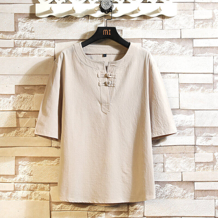 Men's Breathable Cotton Linen Button Short Sleeve T-Shirt - AIGC-DTG