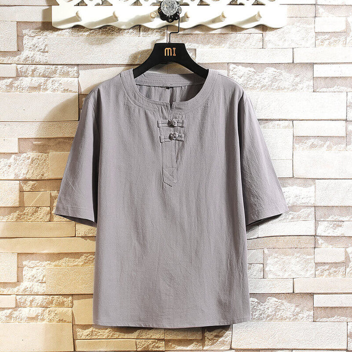 Men's Breathable Cotton Linen Button Short Sleeve T-Shirt - AIGC-DTG