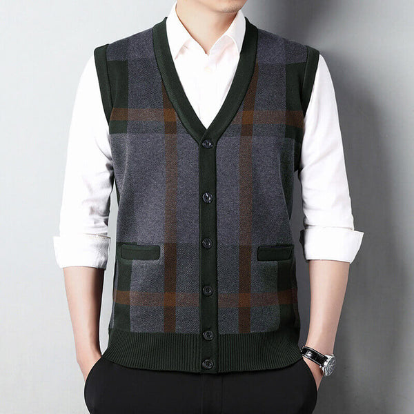 Men's Sleeveless Wool Knitted V-neck Vest - Casual&Loose Fitting - AIGC-DTG