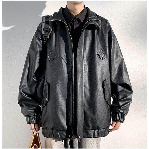 Men's Solid Color Stand Collar Handsome Leather Jacket - AIGC-DTG