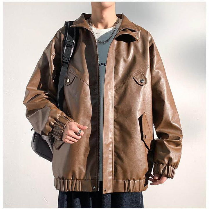 Men's Solid Color Stand Collar Handsome Leather Jacket - AIGC-DTG