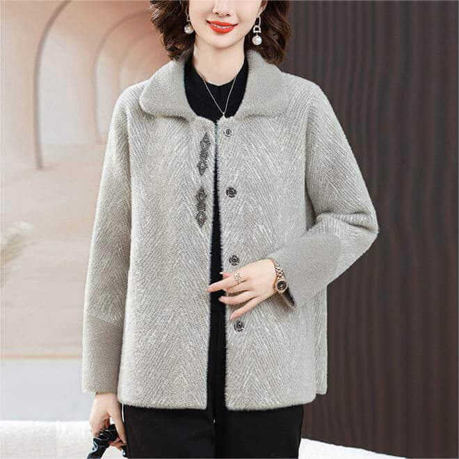 Women's Striped Mink Jacket-Fleece Woolen Coat - AIGC-DTG