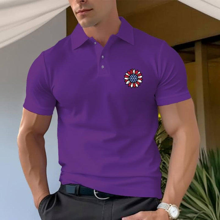 Flower and Flag Design Men's 100% Pure Cotton Polo T-Shirt - AIGC-DTG