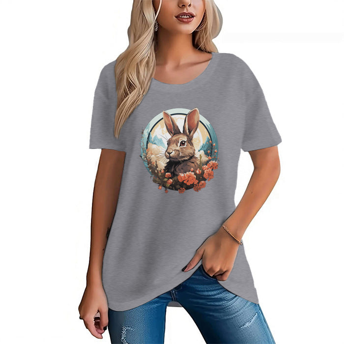 Women's Bunny Printed Short Sleeve T-Shirt - AIGC-DTG