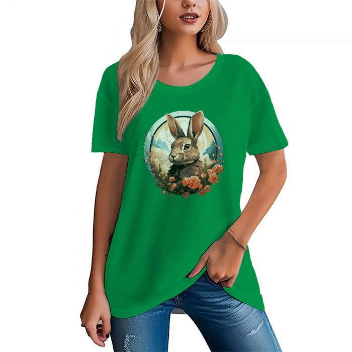 Women's Bunny Printed Short Sleeve T-Shirt - AIGC-DTG