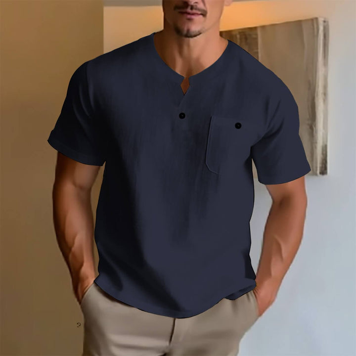 Men's Linen Short Sleeve V-Neck Cotton and Linen T-shirt - AIGC-DTG