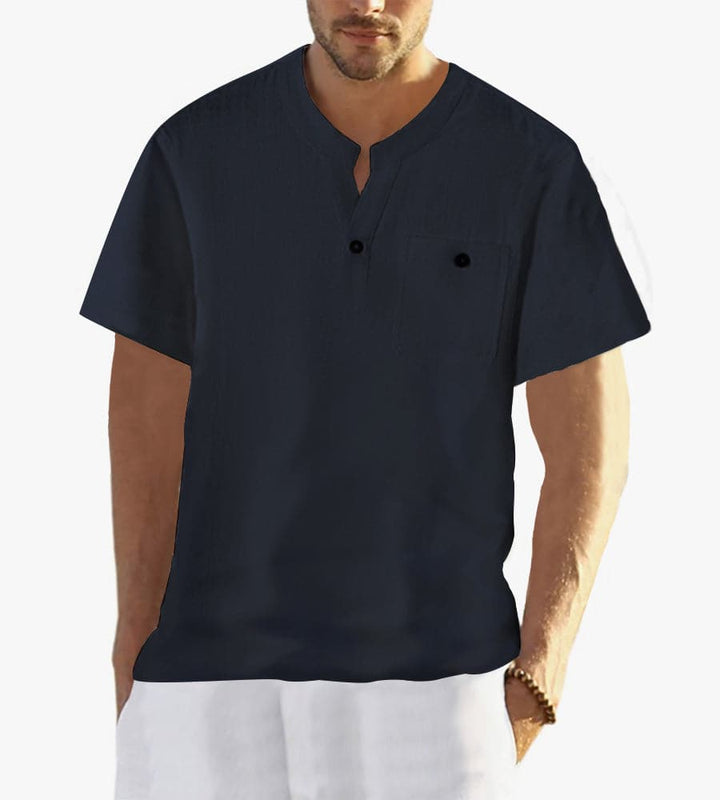 Men's Cotton and Linen Short Sleeve V-Neck T-shirt - AIGC-DTG