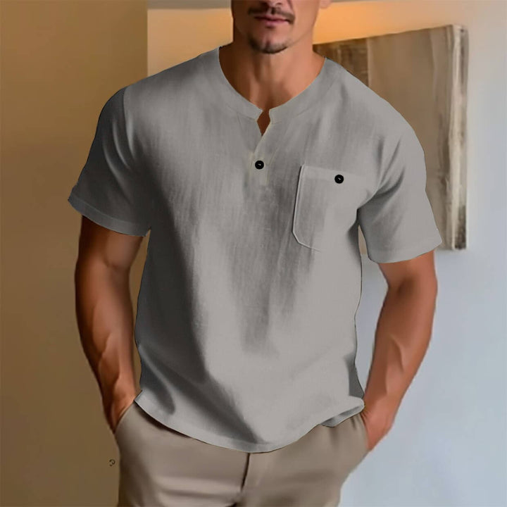 Men's Linen Short Sleeve V-Neck Cotton and Linen T-shirt - AIGC-DTG