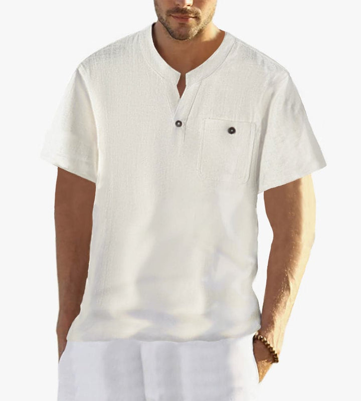 Men's Cotton and Linen Short Sleeve V-Neck T-shirt - AIGC-DTG
