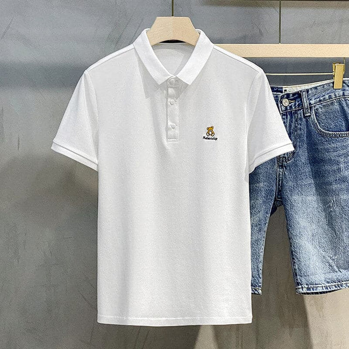 Men's Minimalist Bear Embroidery Short Sleeve Polo Shirt - AIGC-DTG