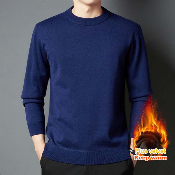 Men's Autumn And Winter Thickened Velvet Warm Solid Color Round Neck Knitted Sweater - AIGC-DTG