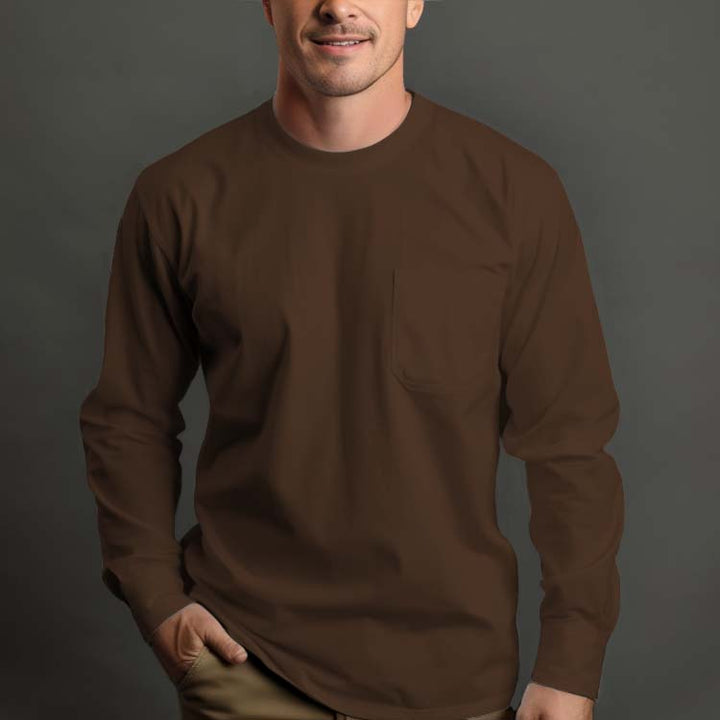 Men's Pocket Crewneck Pure Cotton Long Sleeve T-Shirt - AIGC-DTG