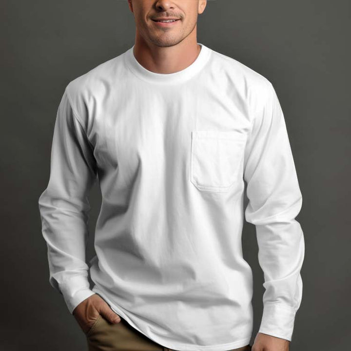 Men's Pocket Crewneck Pure Cotton Long Sleeve T-Shirt - AIGC-DTG