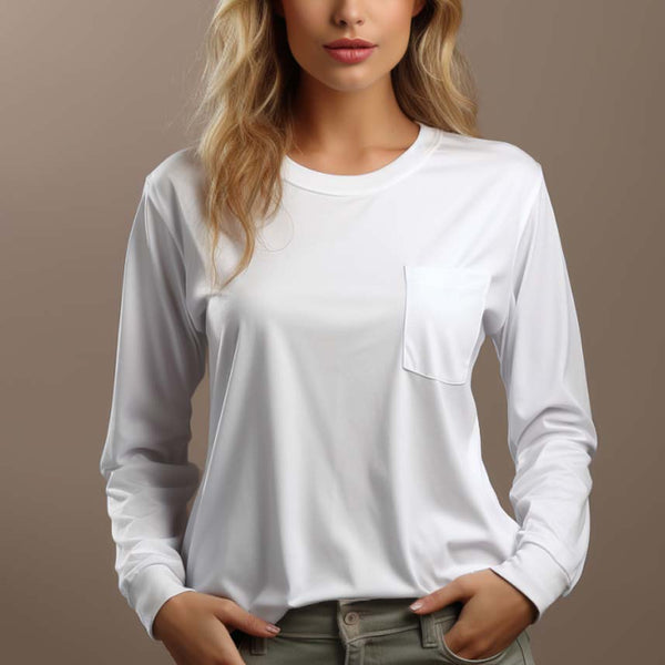 Women's Pocket Round Neck Pure Cotton Long Sleeve Shirt - AIGC-DTG