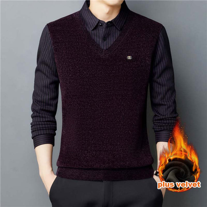 Men's Velvet Thickened Fake Two-Piece Sweater Winter Business Shirt - AIGC-DTG