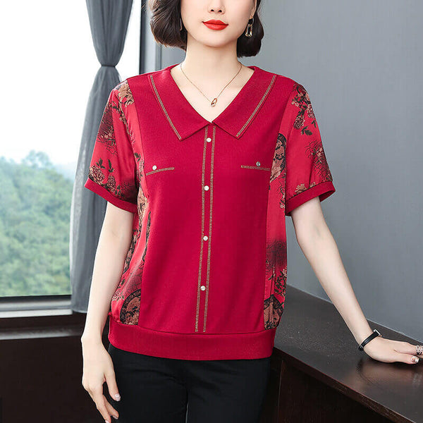 Women's Collar Patchwork Pattern Fashion T-Shirt Blouse - AIGC-DTG