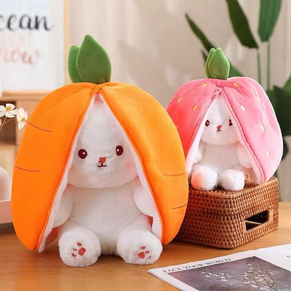 Reversible Carrot Strawberry Bunny Plush Doll with Zipper for Kids - AIGC-DTG