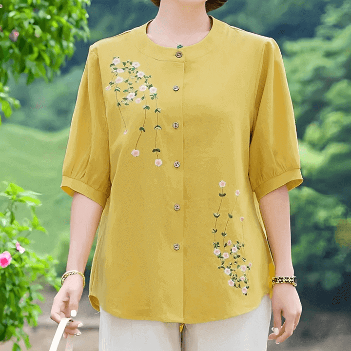 Women's Cotton Linen Comfortable Shirt - Exquisite Embroidery Design - AIGC-DTG