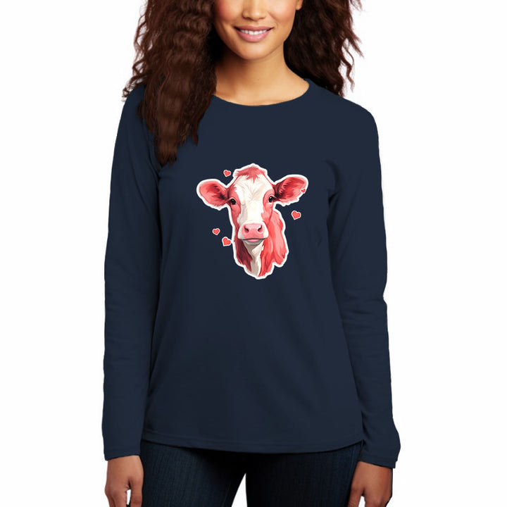 Women's Round Neck Casual Long Sleeve Cotton T-Shirt-Pink Cow - AIGC-DTG