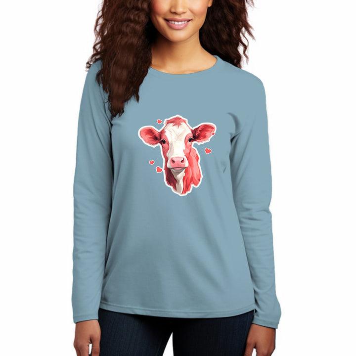 Women's Round Neck Casual Long Sleeve Cotton T-Shirt-Pink Cow - AIGC-DTG