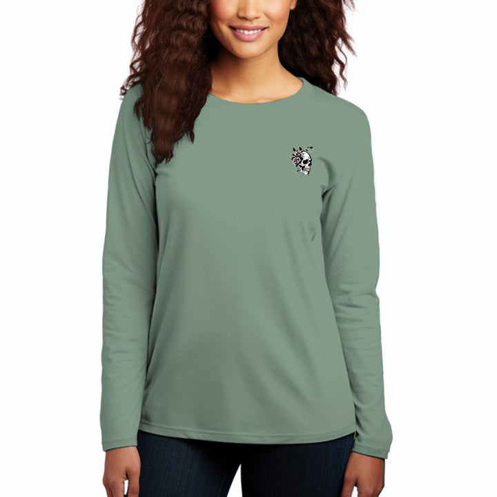 Women's Round Neck Casual Long Sleeve Cotton T-Shirt-Roses And Skulls - AIGC-DTG