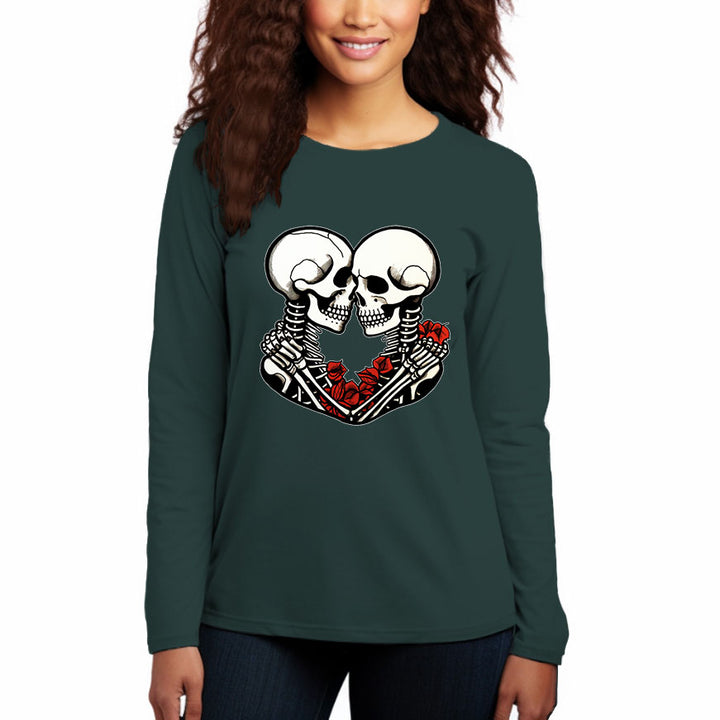 Women's Round Neck Casual Long Sleeve Cotton T-Shirt-Hugging skeleton - AIGC-DTG