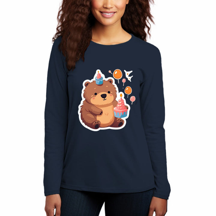 Women's Round Neck Casual Long Sleeve Cotton T-Shirt-bear birthday - AIGC-DTG