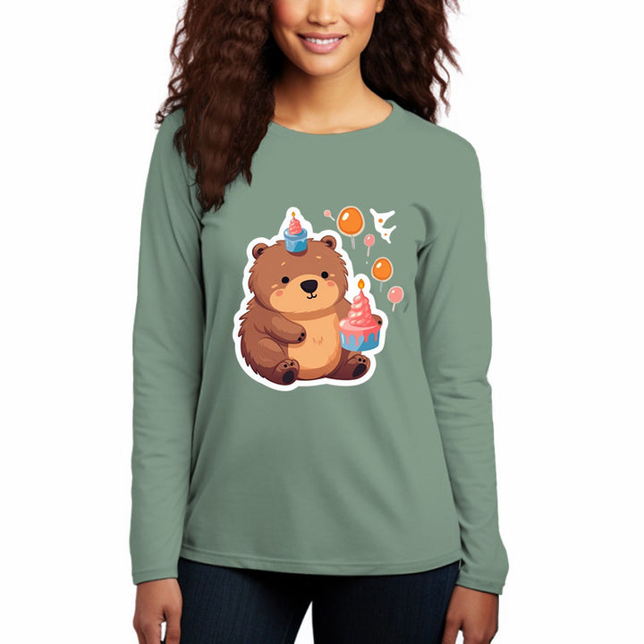Women's Round Neck Casual Long Sleeve Cotton T-Shirt-bear birthday - AIGC-DTG