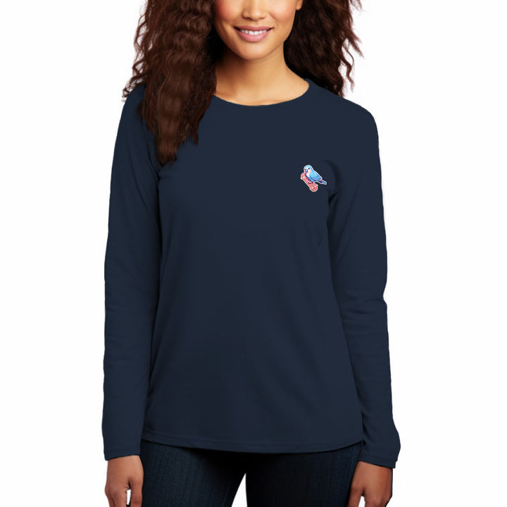 Women's Long Sleeve Cotton T-Shirt, Lightweight Crewneck Tee, Modern Fit-Blue Bird - AIGC-DTG