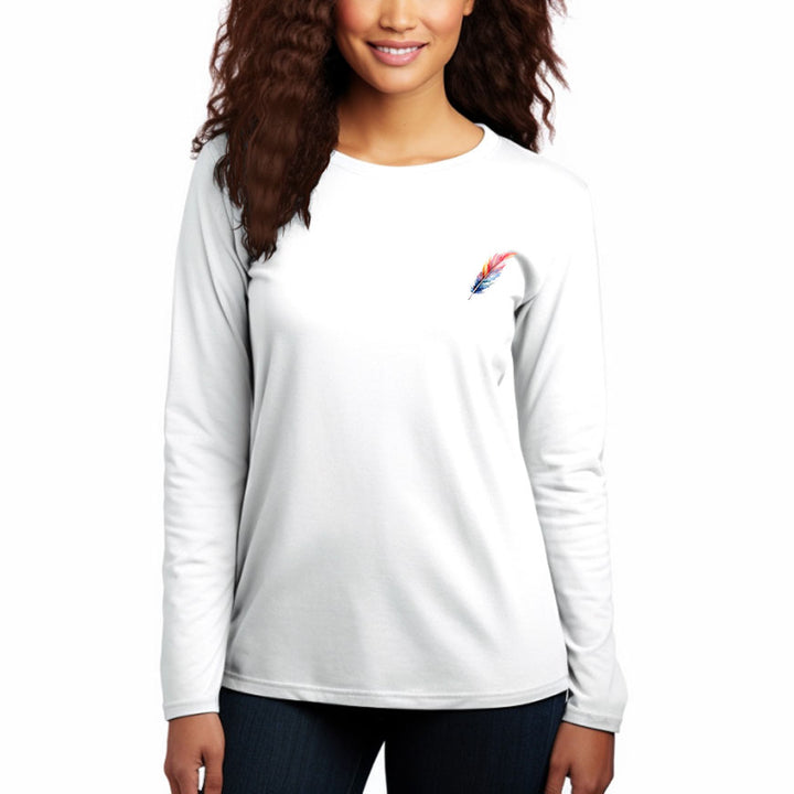 Women's Long Sleeve Cotton T-Shirt, Lightweight Crewneck Tee, Modern Fit-Color Feathers - AIGC-DTG