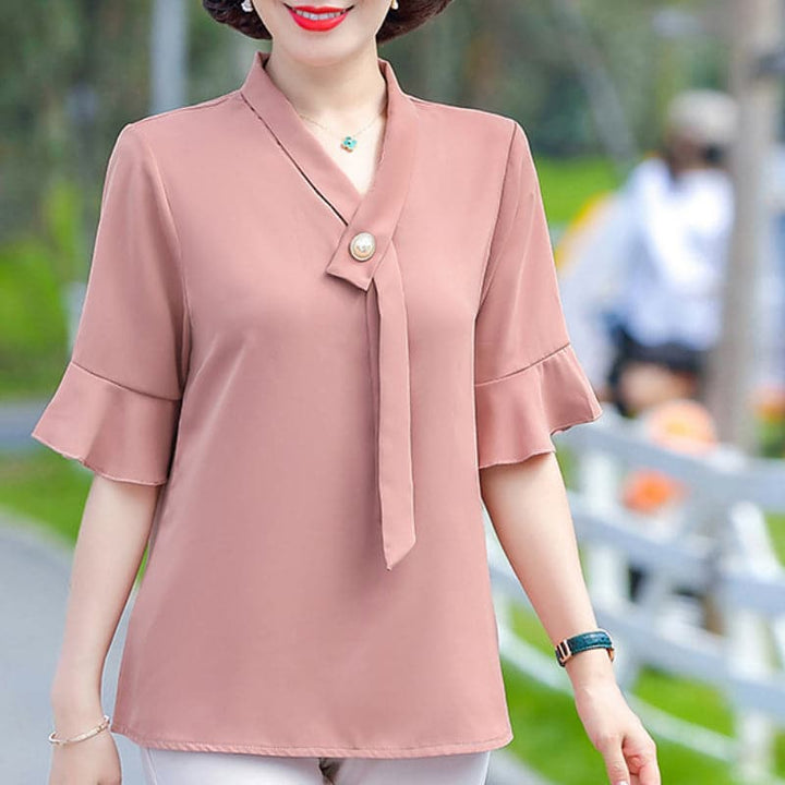 Women's Fashion Solid Color Belted Shirt T-Shirt Short Sleeve - AIGC-DTG